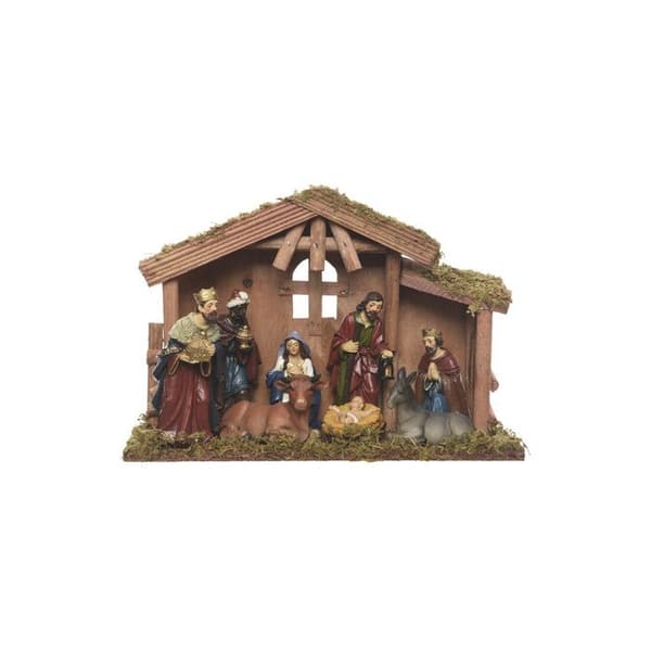 Julekrybbe - Dekoreret - 30 cm - Træ - 8 Santons - Krybbe