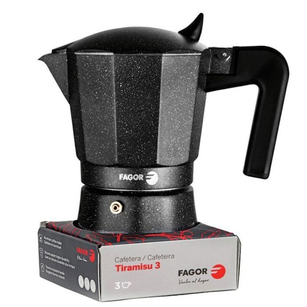 Espresso kaffekande i aluminium, 6 kopper kaffe, vitrokeramisk, gas FAGOR Tiramisú sort 00413 Svart