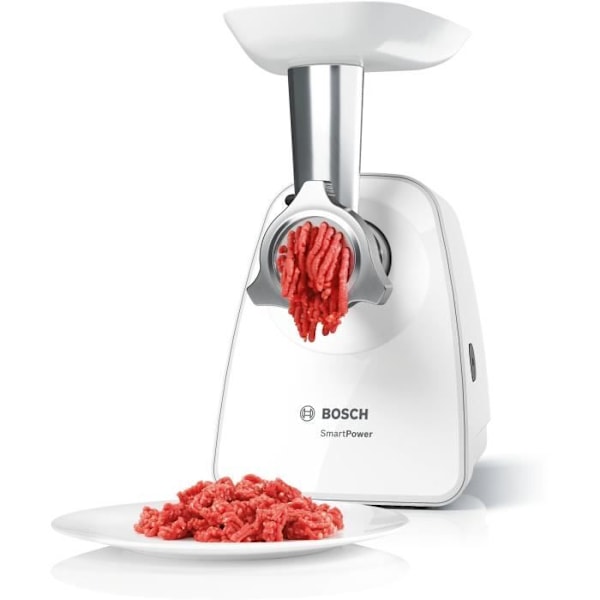 Lihamylly - BOSCH - MFW2514W SmartPower - Valkoinen - moottori lukittuna 1500 W - 1,7 kg/min - 2 myllyverkkoa - raastin/silppuri Vit