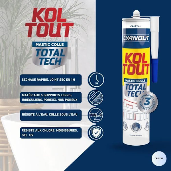 Kiinnitys- ja tiivistysliima - CYANOLIT - Total tech - Kristalli - Patruuna 290 ml - Läpinäkyvä - Monimateriaalinen ja joustava
