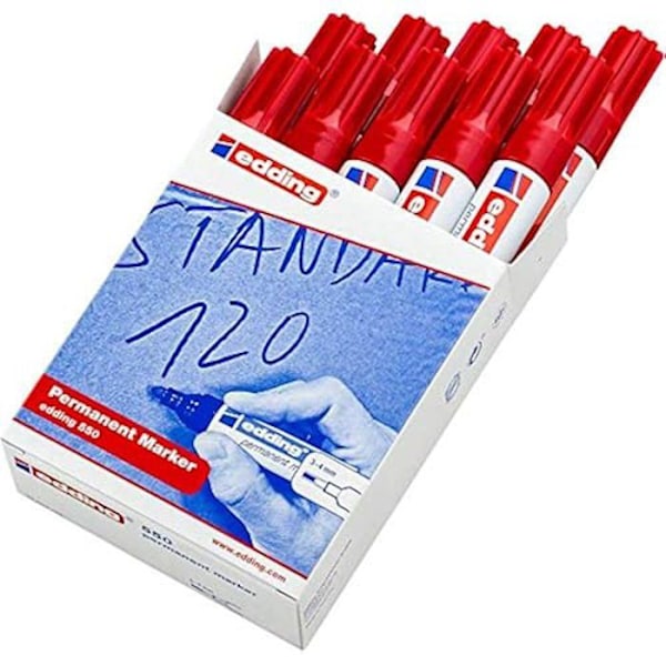 edding 550 Pysyvä tussi - punainen - 10 kynää - pyöreä kärki 3-4 mm - kuivuu nopeasti, kestää vettä ja kitkaa - Röd