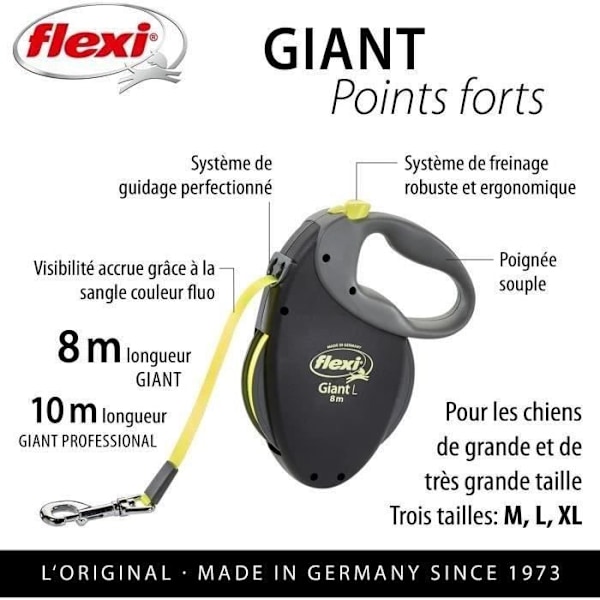 Flexi Neon Giant - FLEXI - GT3-210-S-NEO-12 - Musta ja keltainen - Koiraille jopa 50 kg Sort og gul