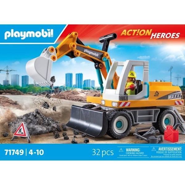 PLAYMOBIL 71749 Mekaaninen kaivinkone ja työntekijä, Action Heroes, Rakentaminen, 31 osaa, Sopii 4-vuotiaille ja yli Flerfärgad