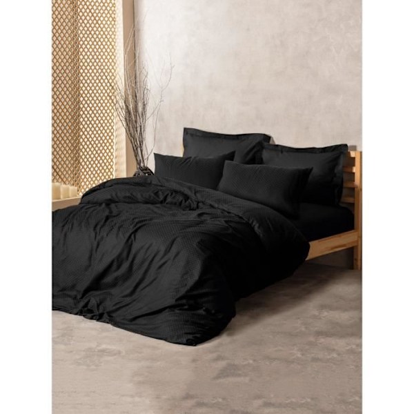 Sengetøjssæt - 1 dynebetræk 220 x 240 cm + 2 pudebetræk 60 x 60 cm - 100% forstærket bomuld - Sort Svart