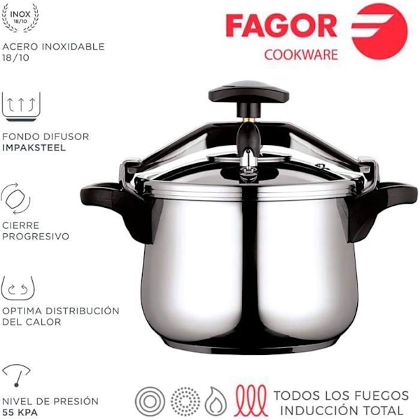 4 L tryckkokare, Alla värmekällor, Induktion, Rostfritt stål. 18/10, 3 FAGOR Clásica 4 Curved Safety Systems