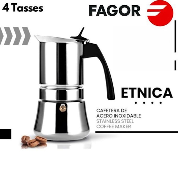 Cafettiere Espresso Italiensk Induktion, Rustfrit Stål 4 Kopper Kaffe FAGOR Etnica Sølv 00376