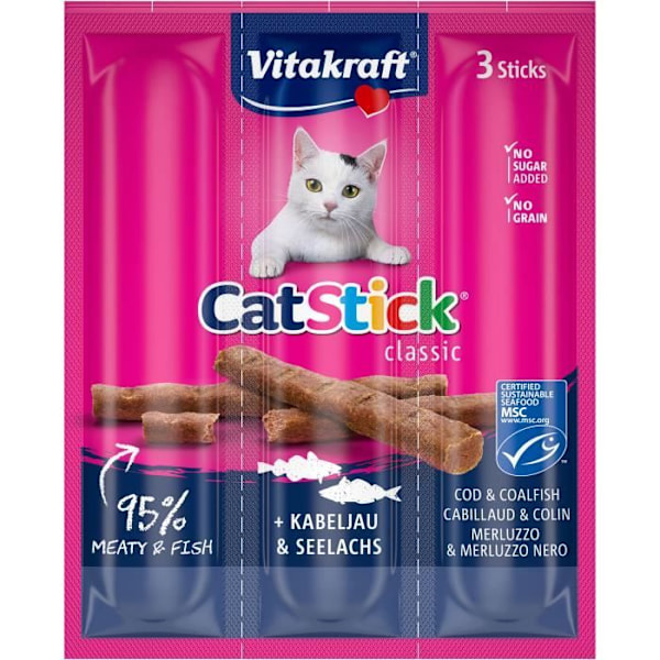 Kissalle tarkoitetut herkut - VITAKRAFT - Mini Cat Stick - Kolmikko ja turska - Tuoreuspakkaus 3 sauvaa