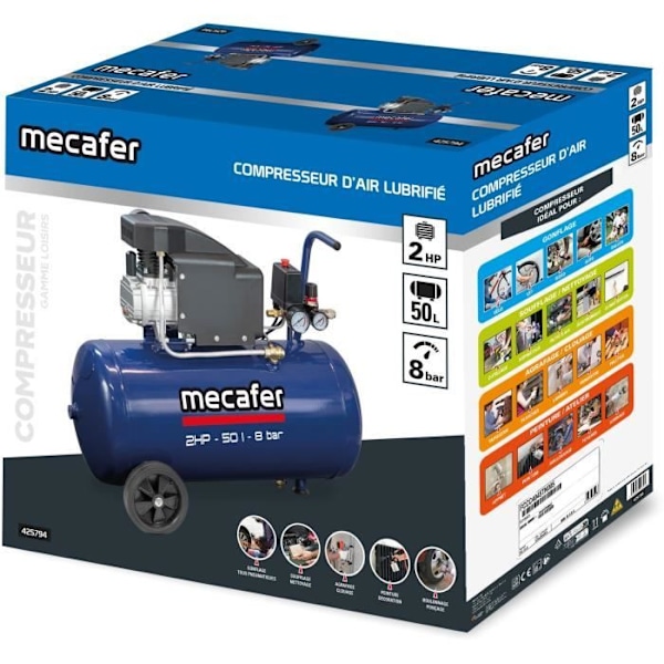 Kompressor - MECAFER - 425794 - Blå - 50 L - 2 HP - 8 Bar Blå