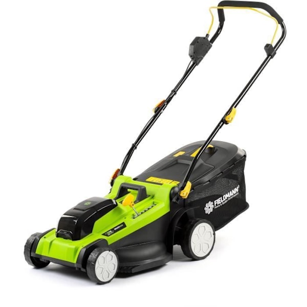 Batteridriven gräsklippare - FIELDMANN - 20V - Klipplängd 43 cm - Maximal höjd 75 mm - Batteri och laddare ingår ej. Grön och svart