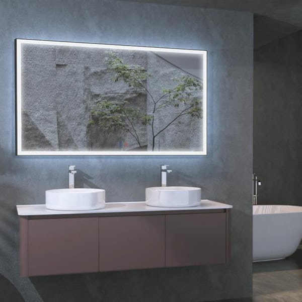 Spejl Badeværelse - SANIZÉO - SUIZA - Anti-Dug - Triled Belysning - 140x80cm Mat Sort Matte svart