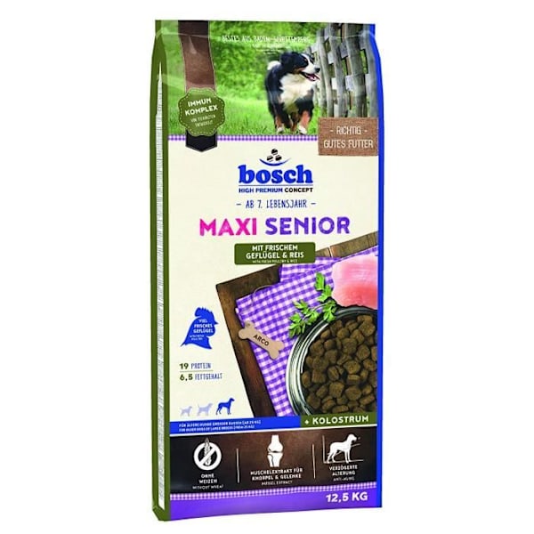 Seniorikoiran Kroketit - Bosch - Maxi Kroketit Vanha Lintu/Riisi - 12,5 kg - Suuri Rotu - Musta