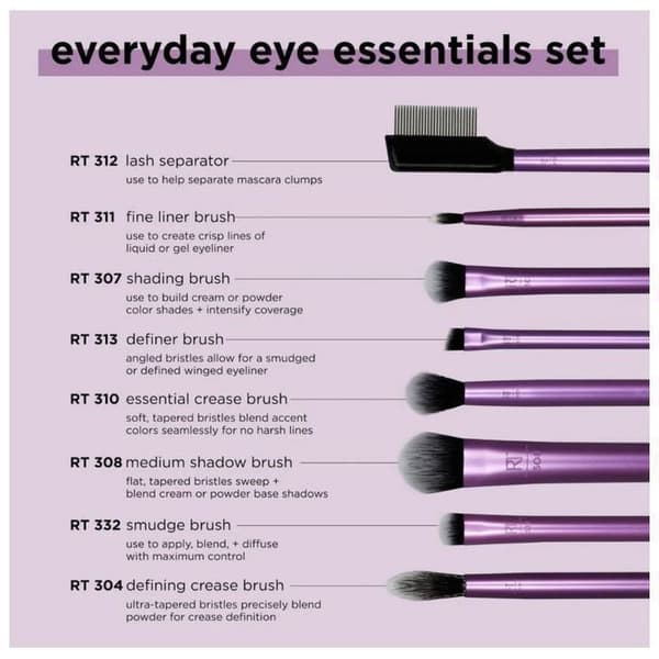 Makeup børste - Real Techniques - Eye Essentials - 8 dele - Rosa farve - Perfekt øjenmakeup Violet