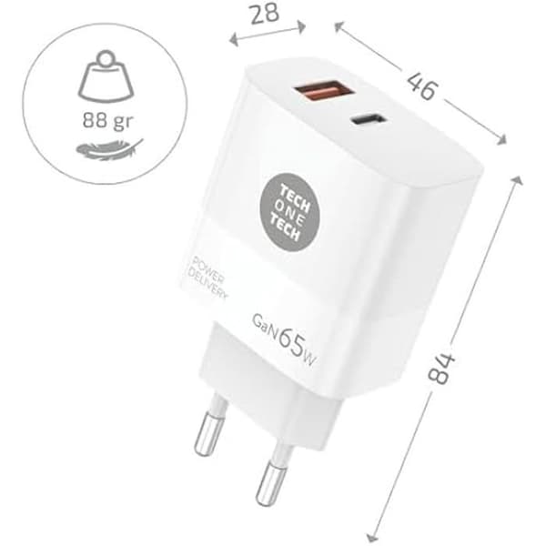 Seinälaturi - TECH ONE TECH - TEC2273 - 1 x USB type-C - 1 x USB - 65 W