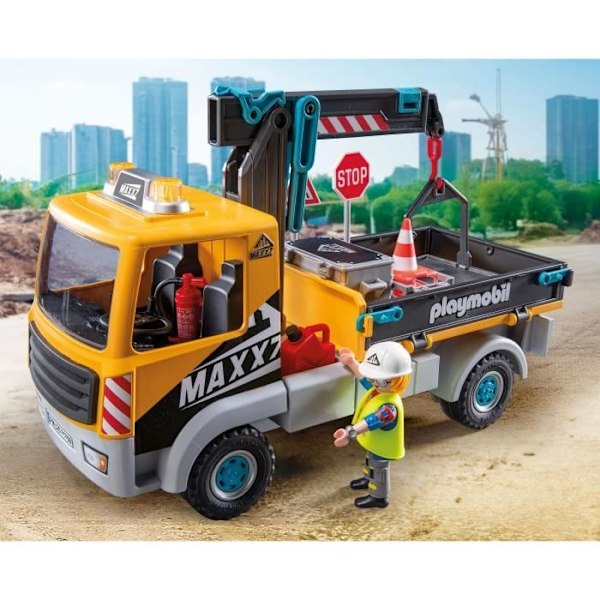 PLAYMOBIL 71750 Byggebil med kran, arbejder og tilbehør, Action Heroes, Byggeri, 55 dele, Fra 4 år Flerfärgad