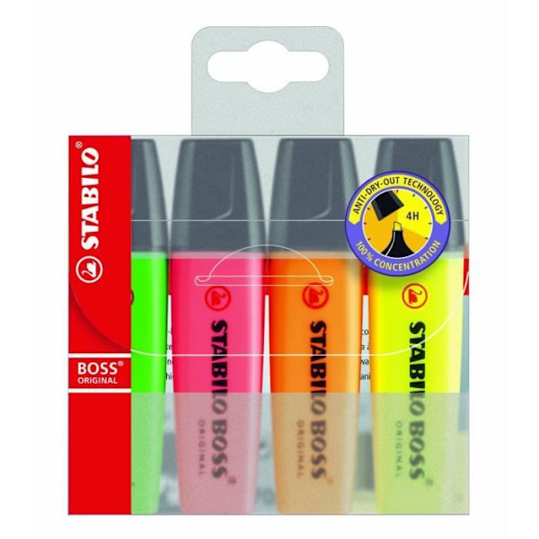 Påse med 4 BOSS ORIGINAL Highlighters Återfyllbar fasad spets 2-5 mm 9 attraktiva färger