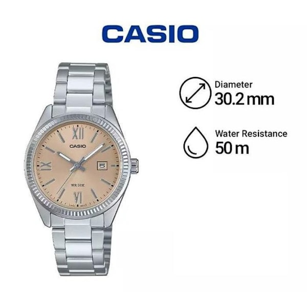 Casio Mycket vacker klassisk klocka för kvinnor - Beige urtavla - med datumvisare & vattentålig 50 m