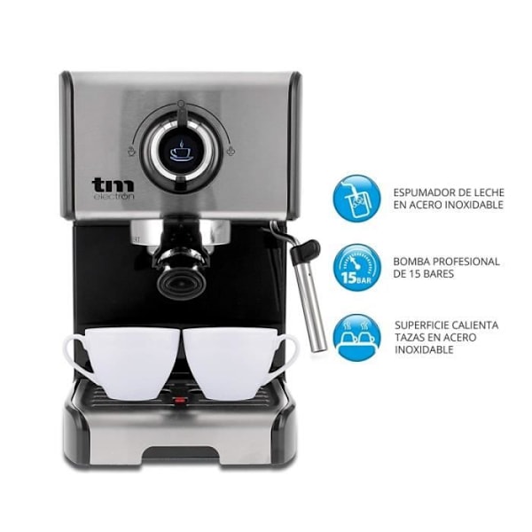 TM Electron TMPCF101 Manuel Espresso Kaffemaskine 15 trykstænger, 1200W, 1,2 L depositum, Leche Espumador, 3 funktioner, Fab