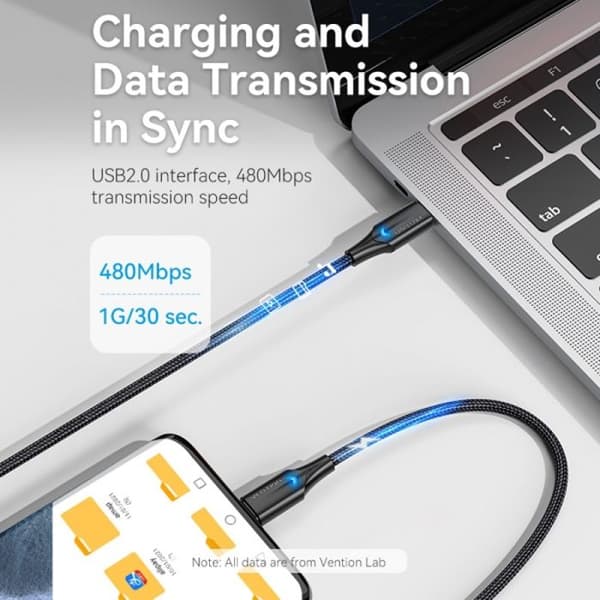 USB 2.0 kabel - Vention - Taubh - 2 m - USB-C han - Hurtiglader 3A