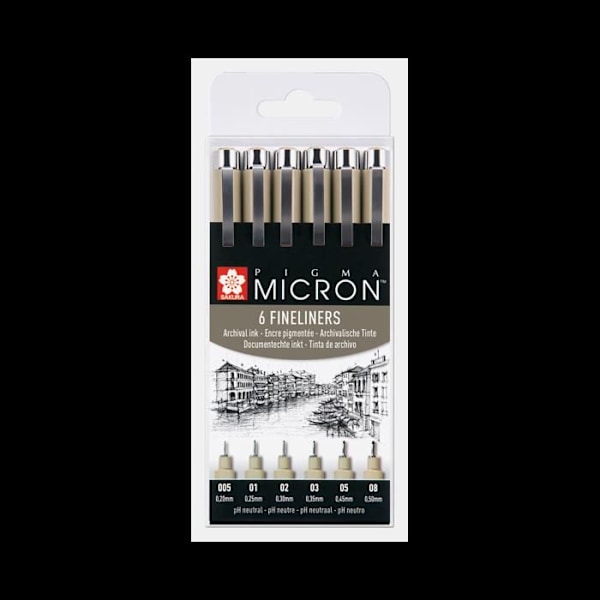 Præcisionspenne - Sakura - Pigma Micron - 6 penne - Tip 0,2-0,5 mm - Sort