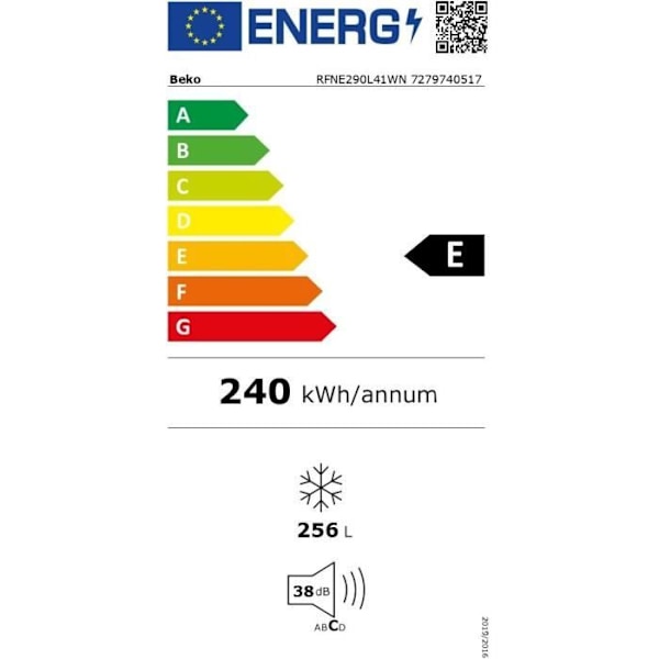 Kaappipakastin - BEKO sarja b100 - RFNE290L41WN - Luokka E - 256 L - 5 laatikkoa - 59,5 x 70 x 171,4 cm - Valkoinen Vit