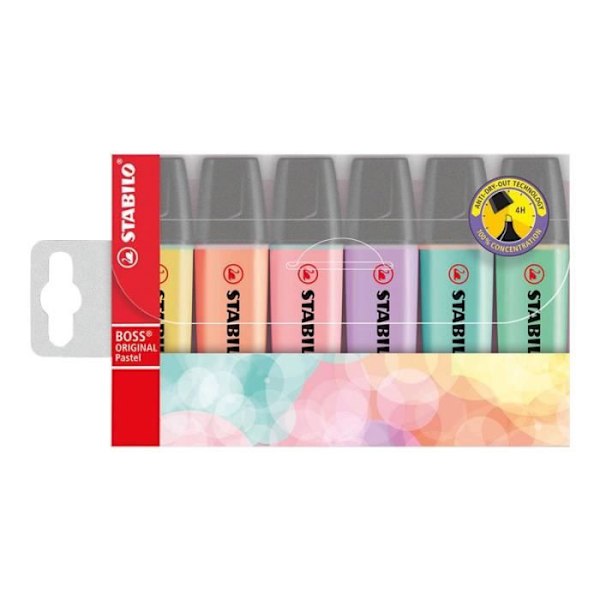 Stabilo BOSS ORIGINAL Highlighter poskipuna vaaleanpunainen, kermainen persikka, maidonkeltainen, ripaus turkoosia, kevyt mintun maku, sumu…