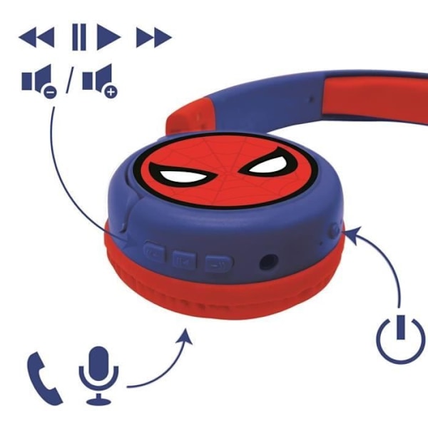 'SPIDER-MAN - 2-in-1 Bluetooth® - Mukautuva ja taittuva langallinen kuulokemikrofoni lapsille äänenrajoituksella - LEXIBOOK' röd och blå