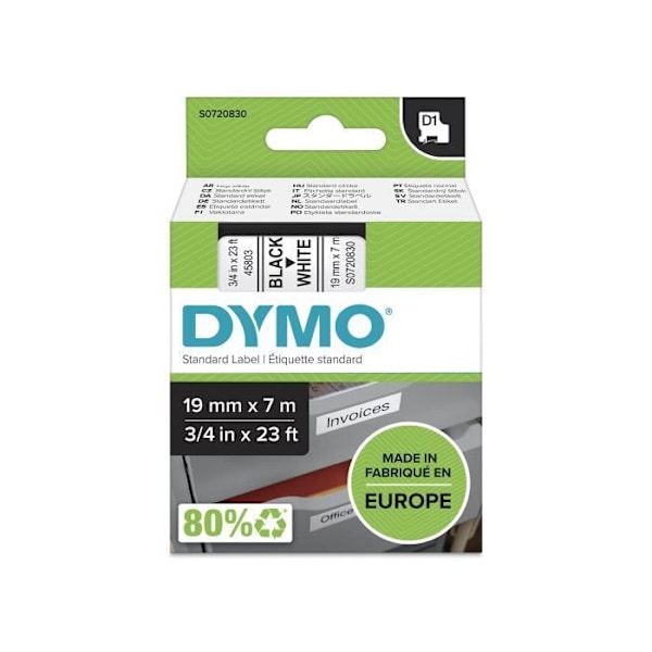 DYMO LabelManager tapekassette D1 19mm x 7m Sort/hvid (kompatibel med LabelManager og LabelWriter Duo)