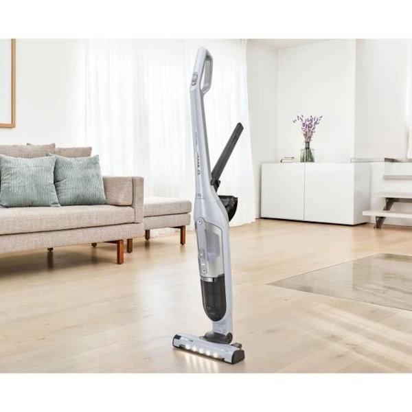 BOSCH BBH3ALL28 johdoton 2in1- ja Flexxo-monitoimipölynimuri - 2 nopeutta - 28 V - 55 minuuttia autonomiaa - Metallinen valkoinen