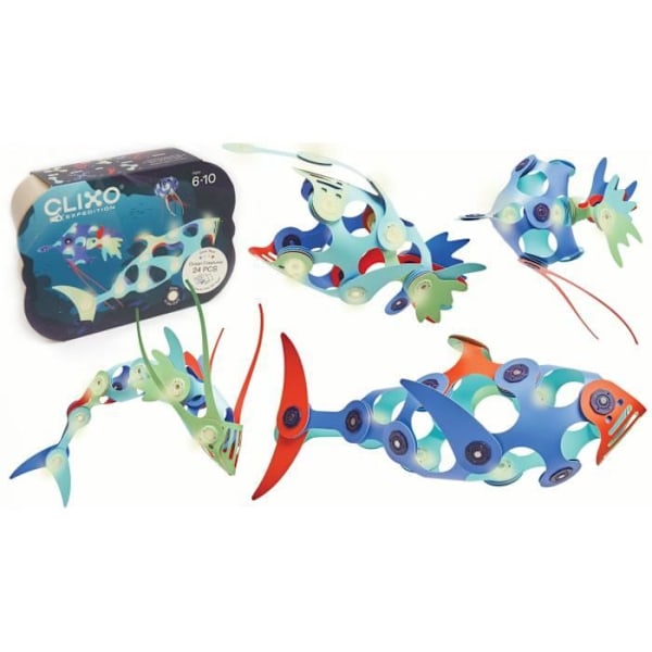 Magnetsk konstruktionslegetøj - GIPSY TOYS - HAVDYR - 24 dele - Fosforescerende - 9 unikke former blå - röd - orange