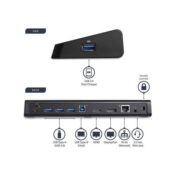 USB 3.0 - STARTECH.COM - DisplayPort 4K - 2 HDMI/DP-videolähtöä - GbE-portti - Musta