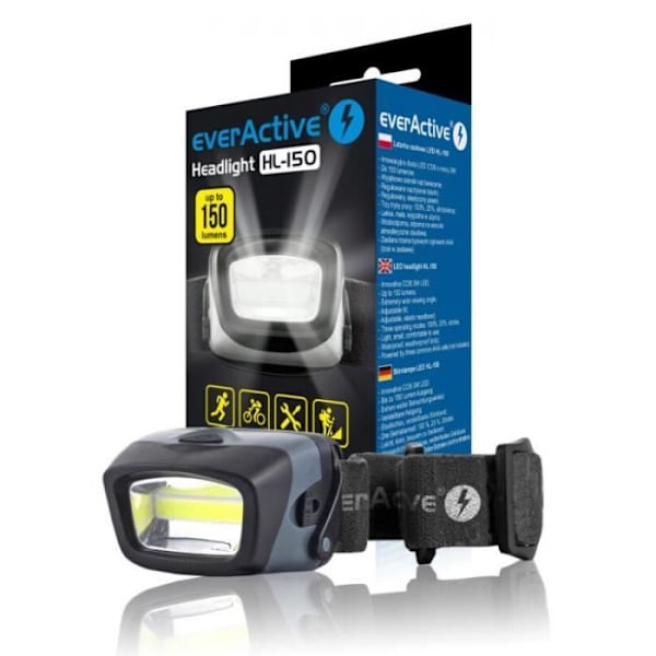 Otsalamppu - EverActive - EVHL150 - 3 W COB LED - 200 Lumen - Harmaa-Musta Grå-Sort
