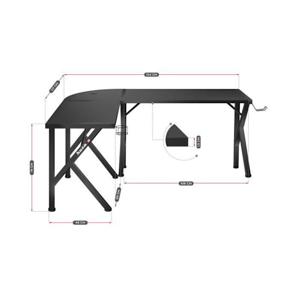 Bureau Gaming - HUZARO - HERO 6.3 Musta - Ergonominen kulmatyöpöytä teräksestä ja hiilestä Svart