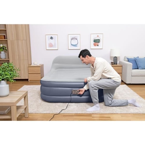Oppustelig seng - BESTWAY - 67923 - Tritech™ SleekFlow™ - 2 personer, 226 x 152 x 84 cm, hovedgærde, indbygget pumpe blå/grå
