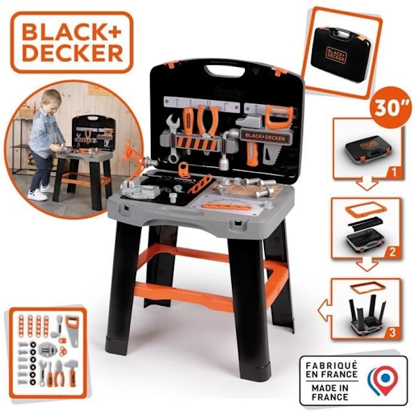 Smoby - Black and Decker -Bricolo Smart Workbench - Jäljitelmäpeli - Kotelo, joka muuttuu työpöydäksi - Mukana 33 lisävarustetta - Fa