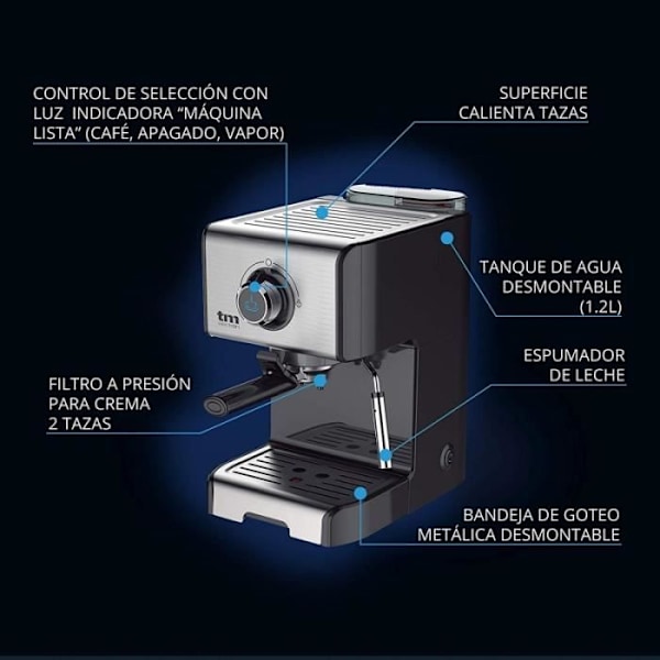 TM Electron TMPCF101 Manuel Espresso Kaffemaskine 15 trykstænger, 1200W, 1,2 L depositum, Leche Espumador, 3 funktioner, Fab