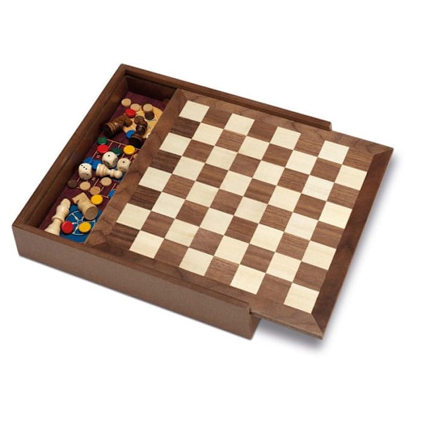 Puinen laatikko - CAYRO - 5 peliä - Hanhipeli, Pienet hevoset, Shakki, Tammi ja Backgammon kastanj