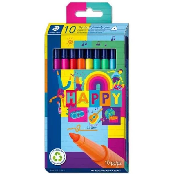 Farvepenne - STAEDTLER - Triplus Color HAPPY - Etui med 10 - Spids 1,0 mm - Vaskbar