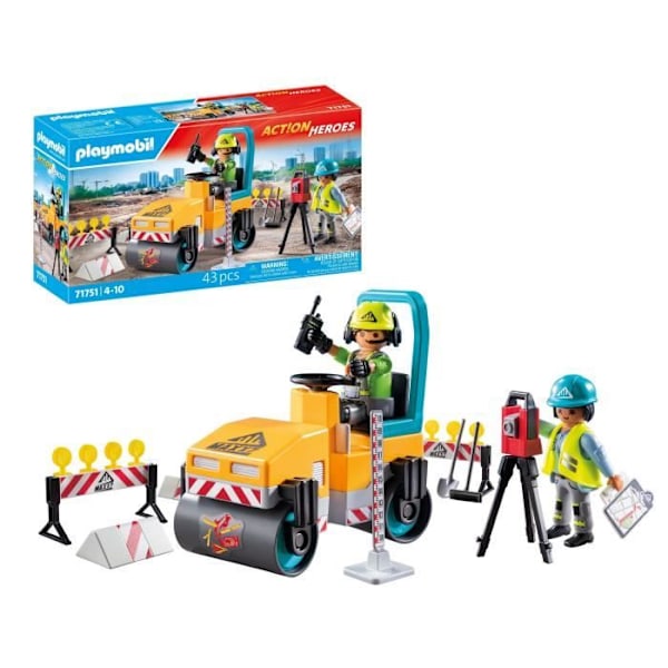 PLAYMOBIL 71751 Arbejdere med rullekompressor og skiltning, Action Heroes, Byggeri, 43 dele, Fra 4 år Flerfärgad