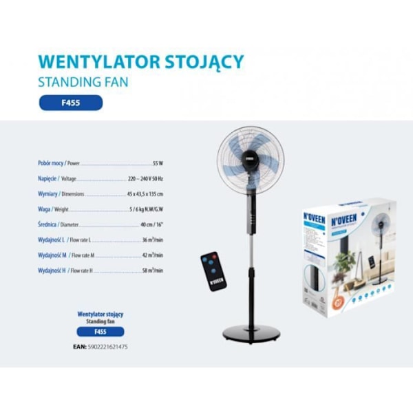 Gulvventilator - F455 Pilot - Ultra lydløs - Timer 7,5 t - 3 hastigheder - 90° oscillation