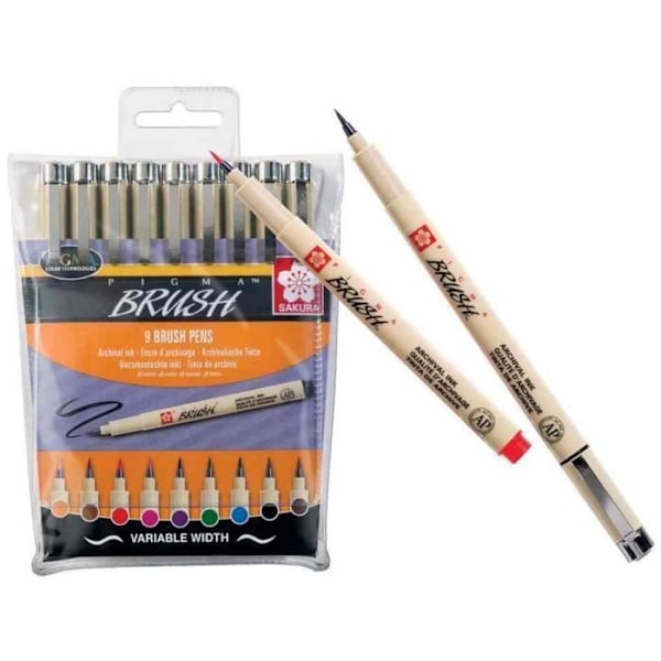 Feutre PIGMA BRUSH - SAKURA - Stor - 9 assorterede farver - Vandafvisende - Permanent - Intensiv Blandad