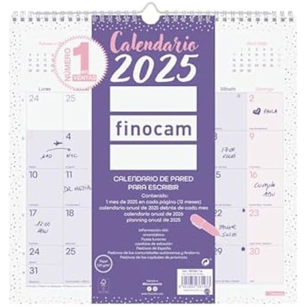 Vægkalender - FINOCAM - 2025 - Månedsvisning - Spansk - Chic lilla