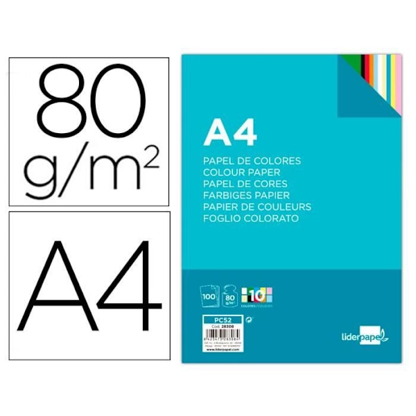 Multifunktionellt färgpapper - LIDERPAPEL - A4 - 80g/m2 - 10 assorterade färger - 100 ark gul, mellangul, blå, himmelsblå, kr
