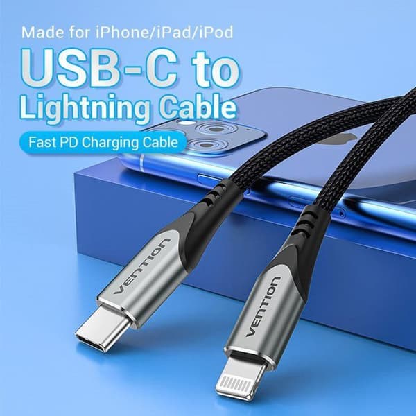 Data kabel - VENTION - C94 - 2m - MFi - Hurtig opladning - Aluminium grå