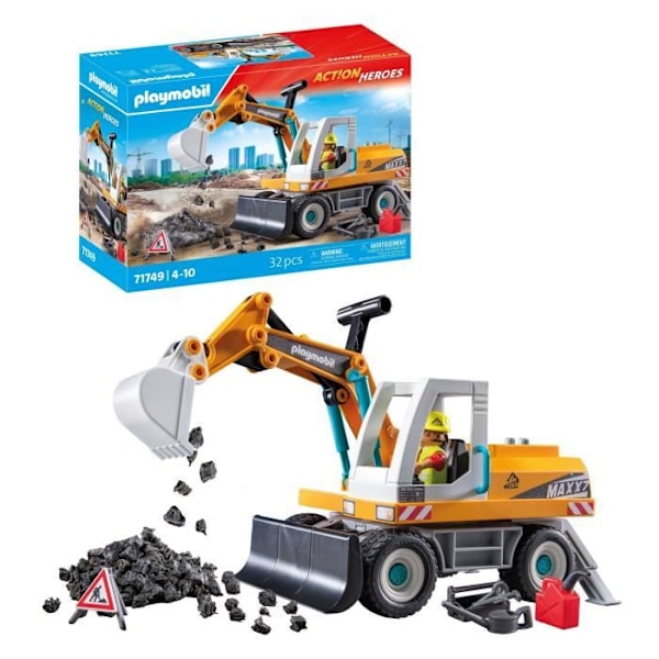 PLAYMOBIL 71749 Mekaaninen kaivinkone ja työntekijä, Action Heroes, Rakentaminen, 31 osaa, Sopii 4-vuotiaille ja yli Flerfärgad