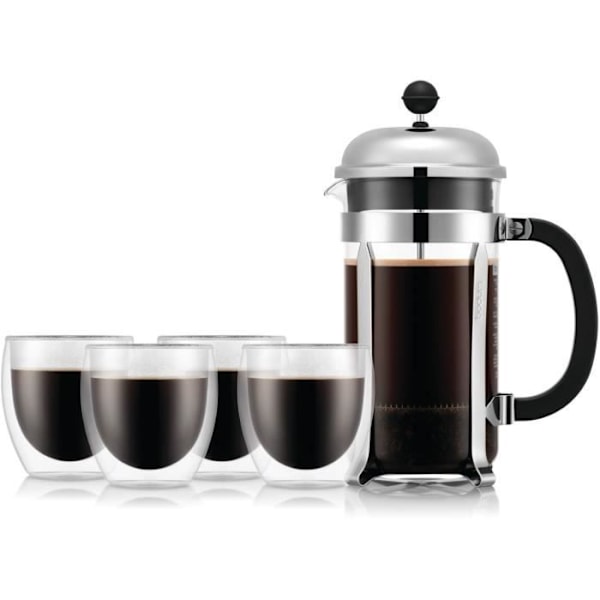 Cafékanna - BODUM - CHAMBORD SET - 8 koppar 1.0 l + 4 PAVINA dubbelväggade glas 25 cl Lysande