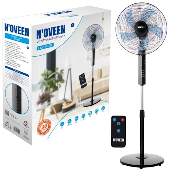 Gulvventilator - F455 Pilot - Ultra lydløs - Timer 7,5 t - 3 hastigheder - 90° oscillation