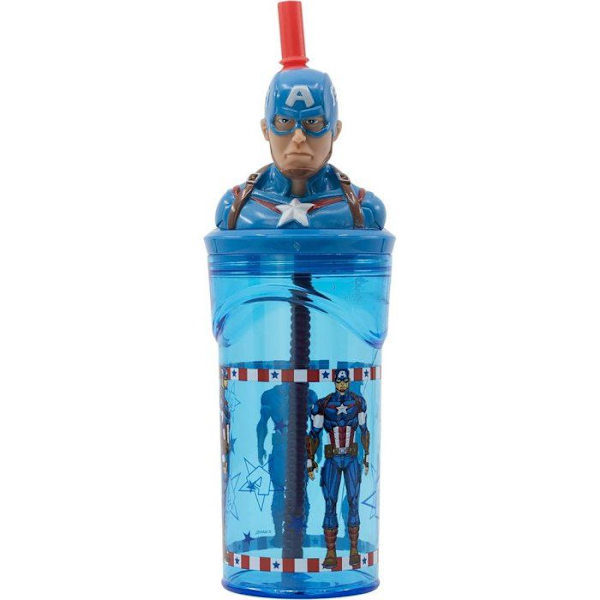 Boendefrukter Tataway Barnkopp Blå i Plast Marvel Avengers Captain America 360 Ml med Sugrör och 3D-Figurine
