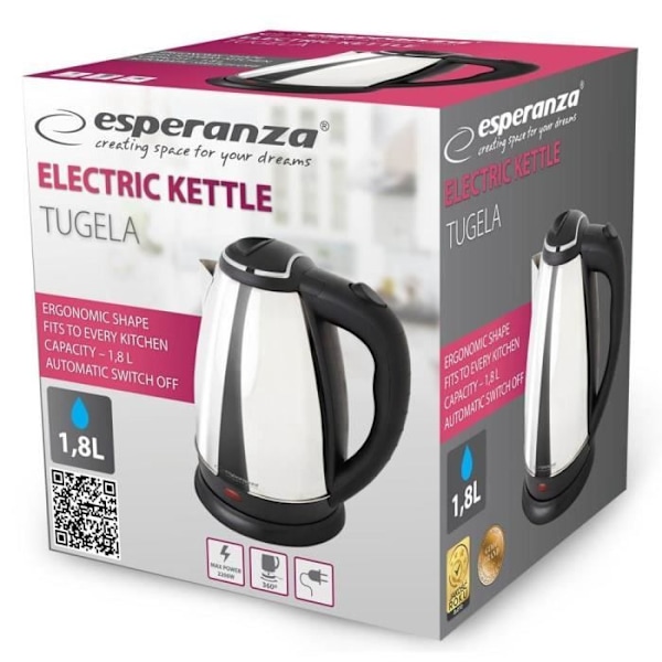 Kedel - ESPERANZA - TUGELA EKK104S - 2200 W - 1,8 L - Rustfrit stål og Plastik Pengar