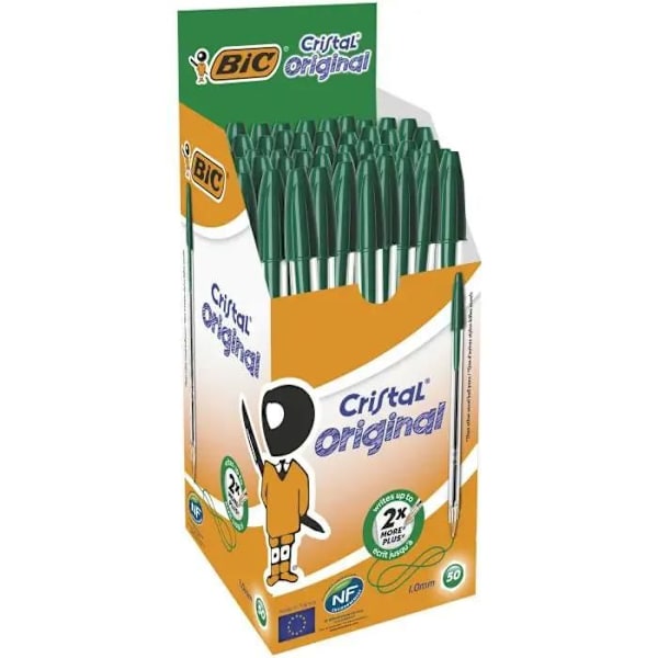 Æske med 50 Bic Cristal Penne - BIC mærke - Medium point - Grøn blæk Grön