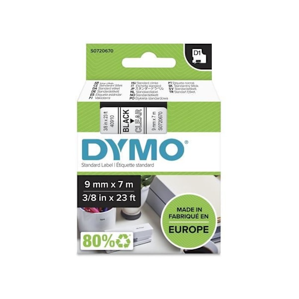 DYMO LabelManager tapekassette D1 9mm x 7m Sort/Transparent (kompatibel med LabelManager og LabelWriter Duo)